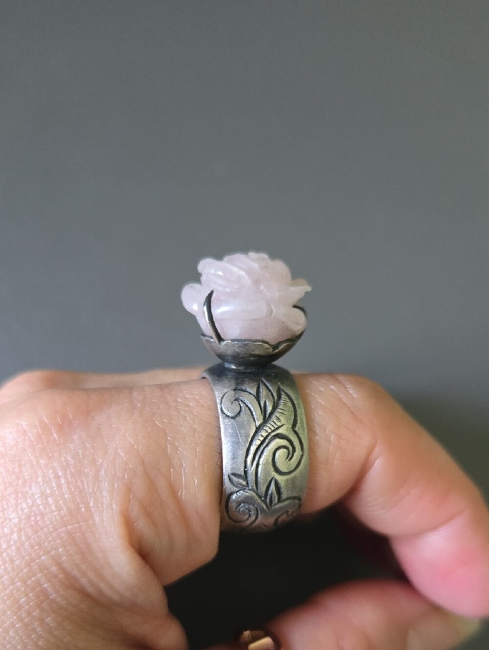 925 Silver Korean Traditional Band Ring Lavender Jade Carved Stone Ring - Picture 3 of 5
